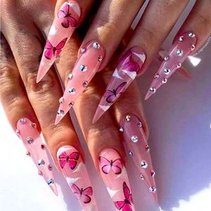 Stiletto, pink butterfly press on nails